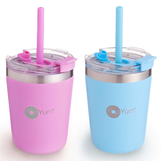 9oz Insulated Stainless Steel Kids’ Cups with Lid and Straw, 2-Pack, Blue & Pink, stackable, sippy, baby, child, toddler, tumbler