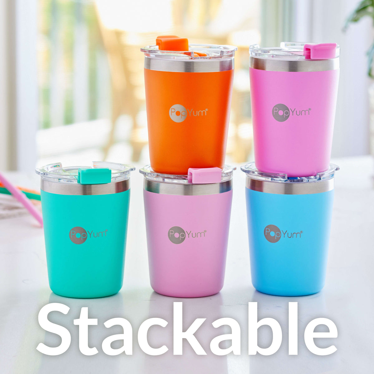 9oz Insulated Stainless Steel Kids’ Cups with Lid and Straw, 2-Pack, Blue & Pink, stackable, sippy, baby, child, toddler, tumbler