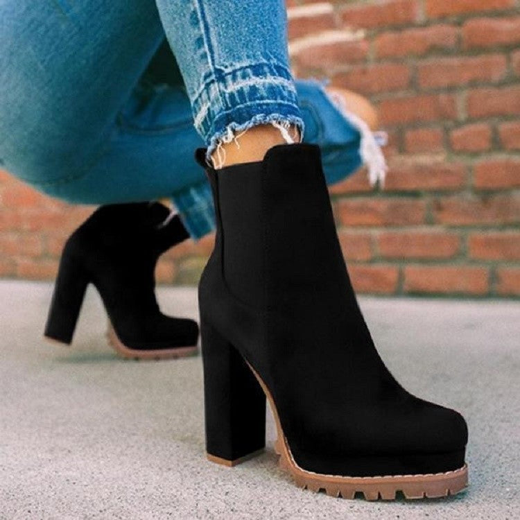 Chunky Heel Short Knight Suede Boots - Available in 3 Colors