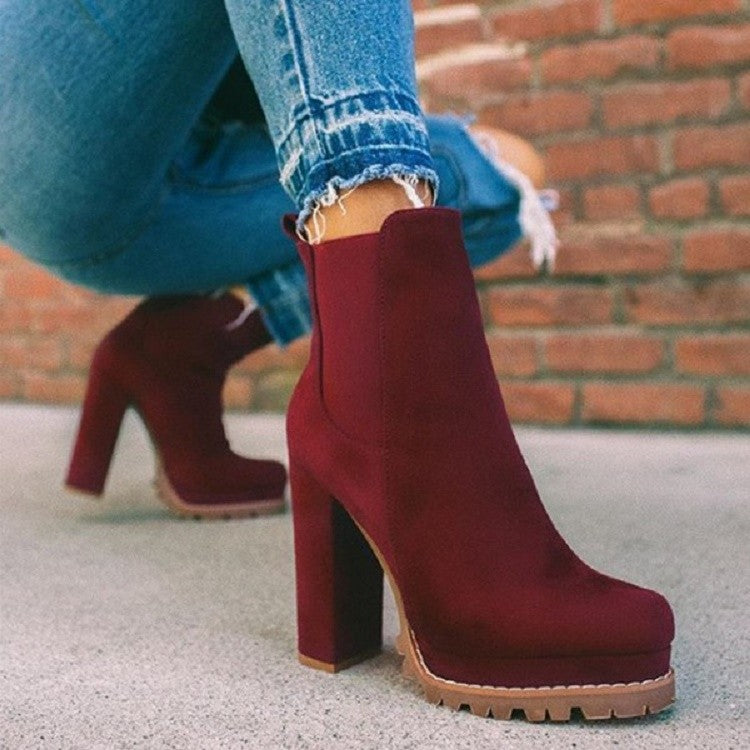 Chunky Heel Short Knight Suede Boots - Available in 3 Colors