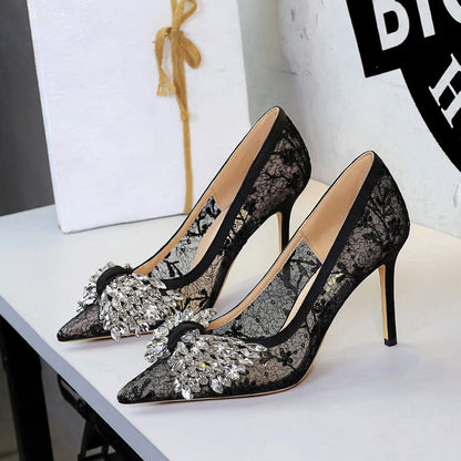 Diamond High Heels Bow Lace Pump