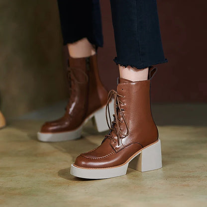 Genuine Leather Platform Heel Boots - Colors; Black & Brown