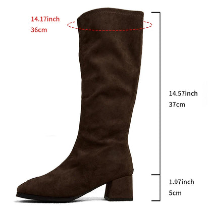 Sophisticated Style: Women's Black Flock Knee High Boots with Thick Heels