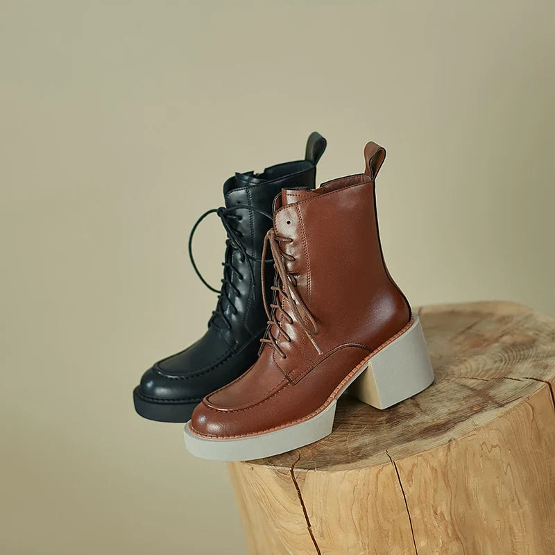 Genuine Leather Platform Heel Boots - Colors; Black & Brown