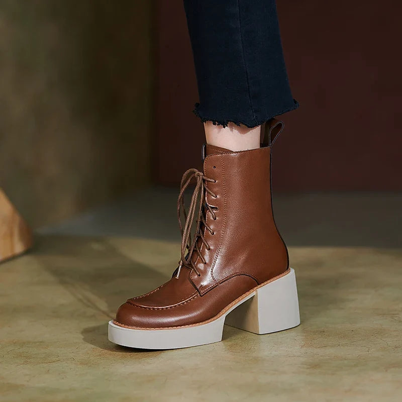 Genuine Leather Platform Heel Boots - Colors; Black & Brown