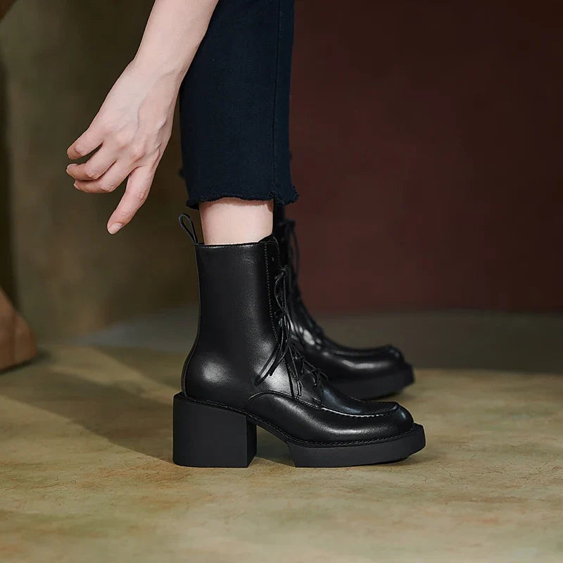 Genuine Leather Platform Heel Boots - Colors; Black & Brown