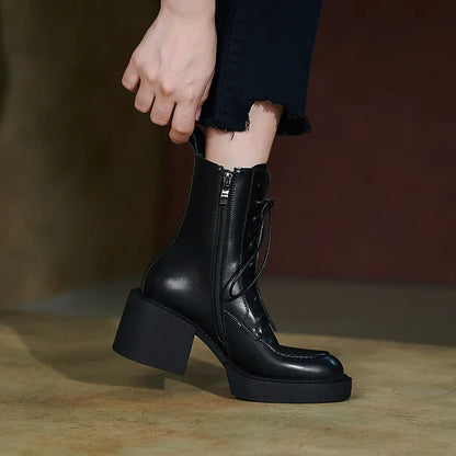 Genuine Leather Platform Heel Boots - Colors; Black & Brown
