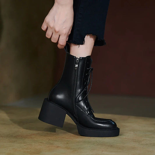 Genuine Leather Platform Heel Boots - Colors; Black & Brown