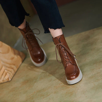 Genuine Leather Platform Heel Boots - Colors; Black & Brown