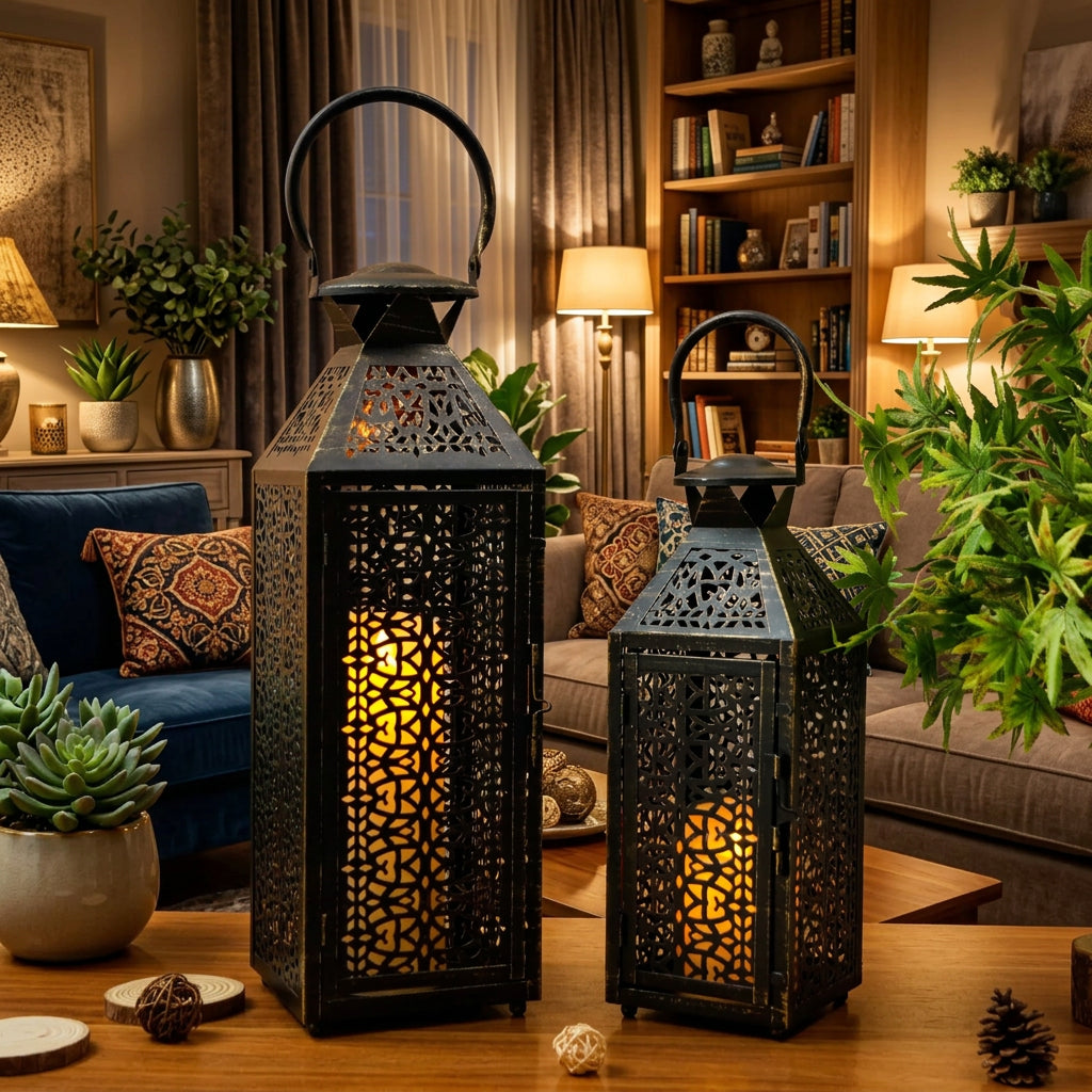 19"&14''H Moroccan Decorative Metal Candle Holders with Hollow Pattern
