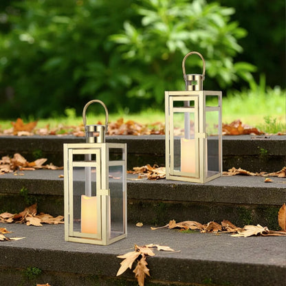 12'' High Metal Candle Holder Indoor / Outdoor Candle Lantern with Tempered Panels