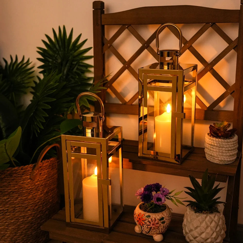 12'' High Metal Candle Holder Indoor / Outdoor Candle Lantern with Tempered Panels